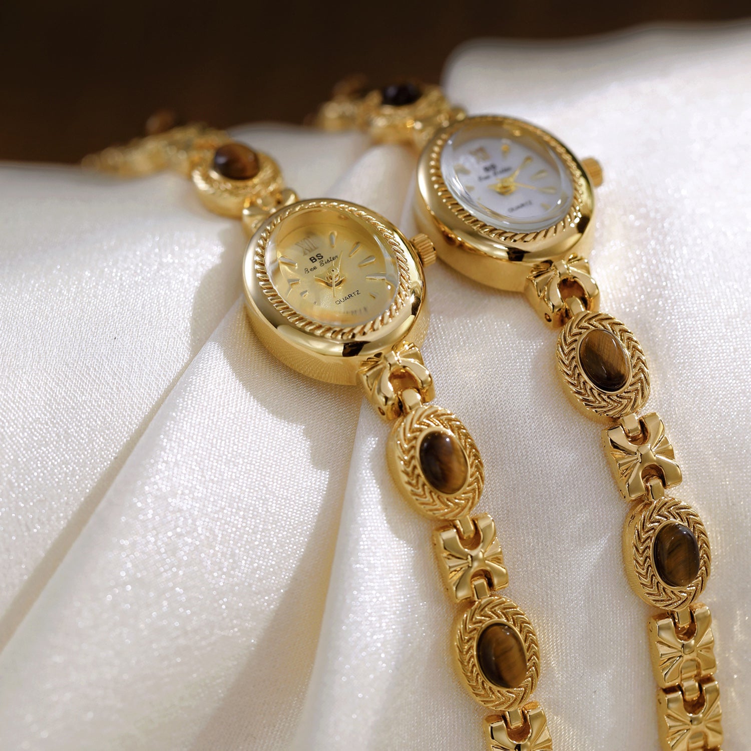 Gold Bracelet Amber Jewelry Quartz Oval Wristwatch for Women, Luxury Elegant Ladies Watch, Retro Fashion Style
