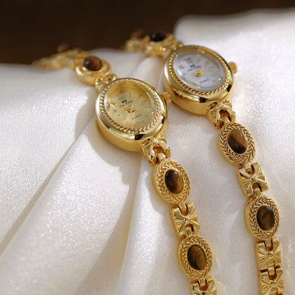 Gold Bracelet Amber Jewelry Quartz Oval Wristwatch for Women, Luxury Elegant Ladies Watch, Retro Fashion Style