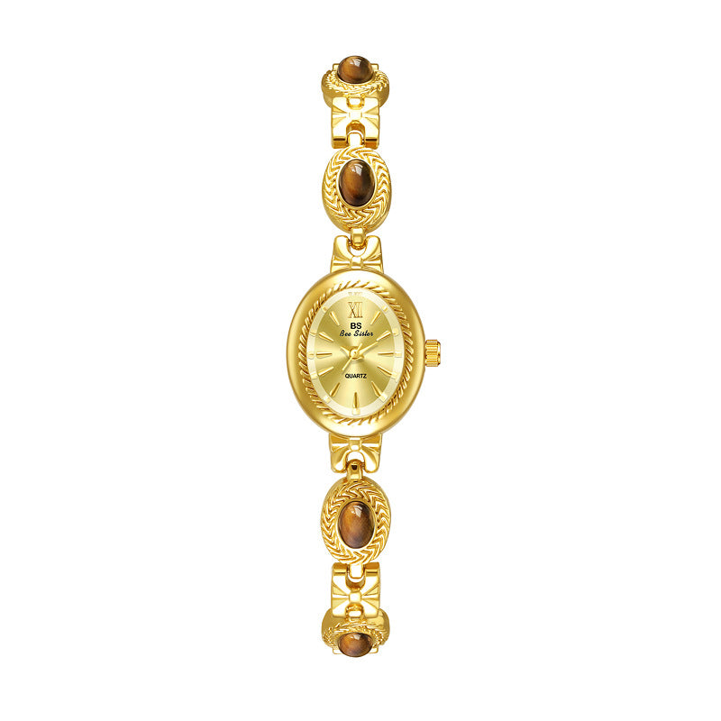 Gold Bracelet Amber Jewelry Quartz Oval Wristwatch for Women, Luxury Elegant Ladies Watch, Retro Fashion Style