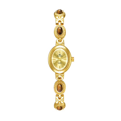 Gold Bracelet Amber Jewelry Quartz Oval Wristwatch for Women, Luxury Elegant Ladies Watch, Retro Fashion Style