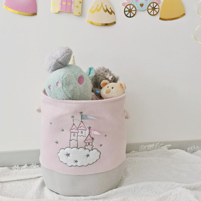 Large Pink Laundry Basket for Kids, Foldable Fabric Toy Storage with Handles, Cute Cartoon Castle Design, Nursery Hamper