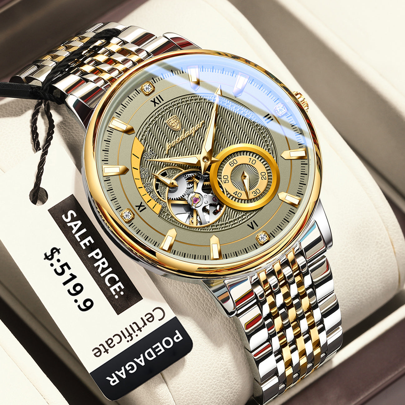 POEDAGAR Luxury Man Wristwatch, Hollow Tourbillon Stainless Steel Watch, Automatic Mechanical Luminous Men Reloj