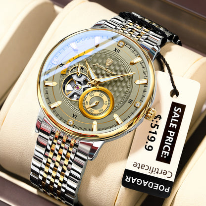 POEDAGAR Luxury Man Wristwatch, Hollow Tourbillon Stainless Steel Watch, Automatic Mechanical Luminous Men Reloj