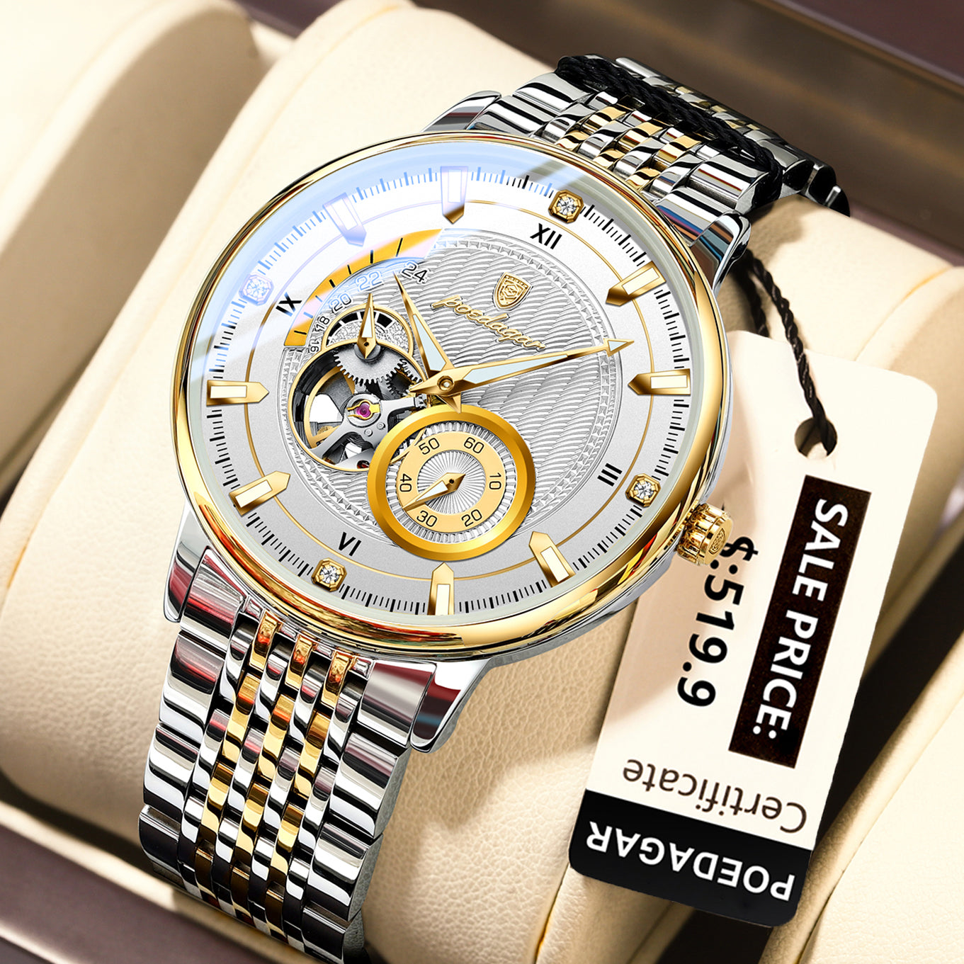 POEDAGAR Luxury Man Wristwatch, Hollow Tourbillon Stainless Steel Watch, Automatic Mechanical Luminous Men Reloj