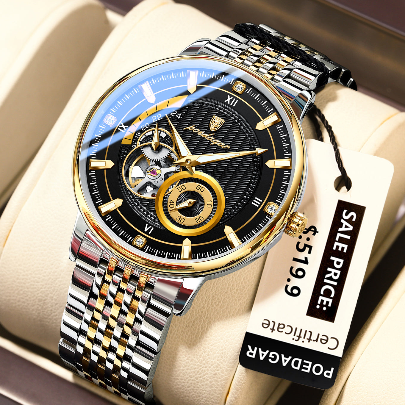 POEDAGAR Luxury Man Wristwatch, Hollow Tourbillon Stainless Steel Watch, Automatic Mechanical Luminous Men Reloj
