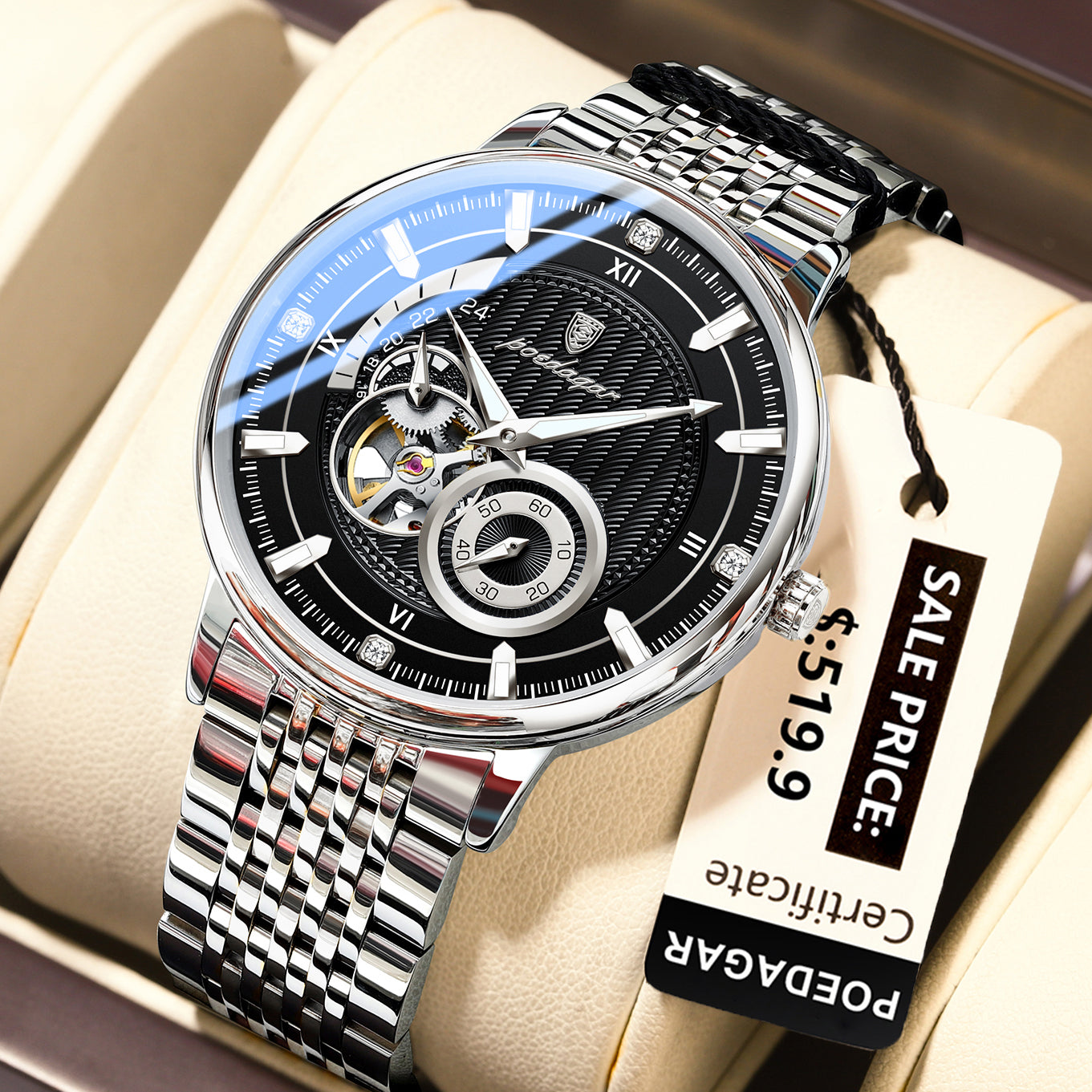 POEDAGAR Luxury Man Wristwatch, Hollow Tourbillon Stainless Steel Watch, Automatic Mechanical Luminous Men Reloj