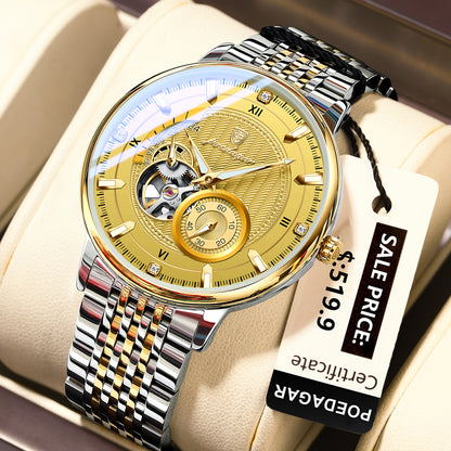 POEDAGAR Luxury Man Wristwatch, Hollow Tourbillon Stainless Steel Watch, Automatic Mechanical Luminous Men Reloj
