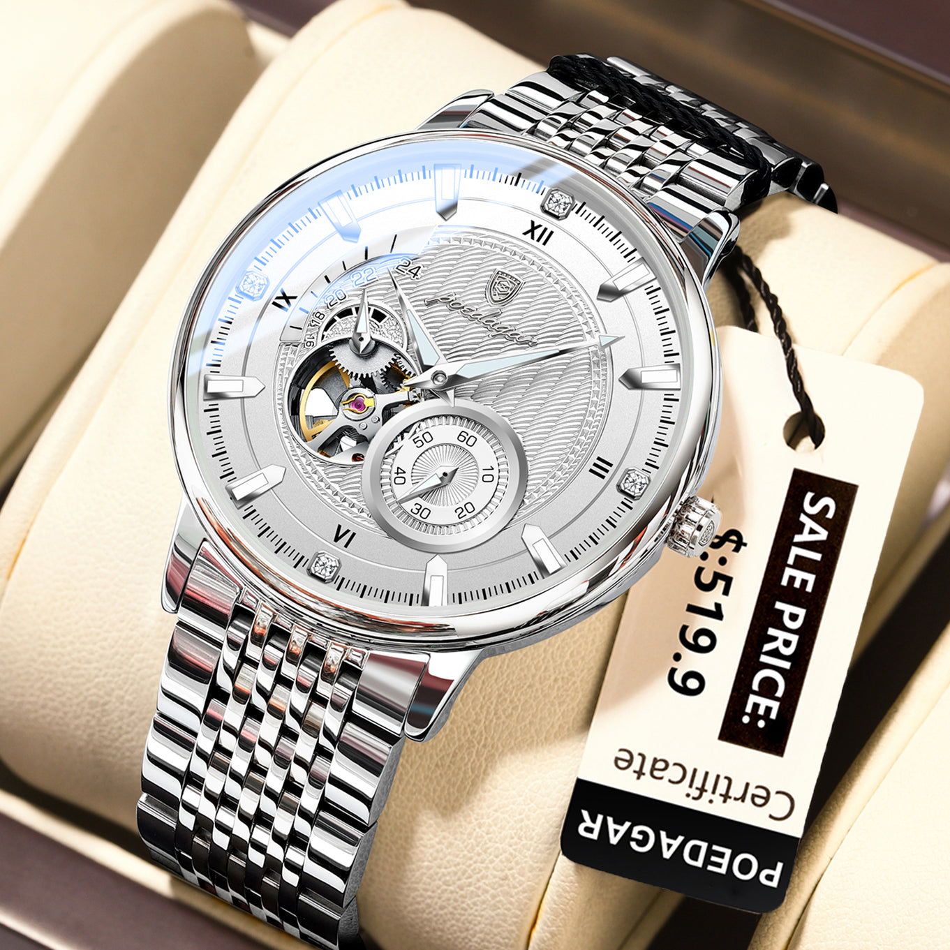 POEDAGAR Luxury Man Wristwatch, Hollow Tourbillon Stainless Steel Watch, Automatic Mechanical Luminous Men Reloj