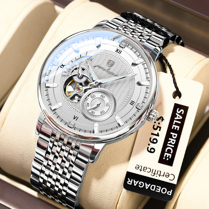 POEDAGAR Luxury Man Wristwatch, Hollow Tourbillon Stainless Steel Watch, Automatic Mechanical Luminous Men Reloj