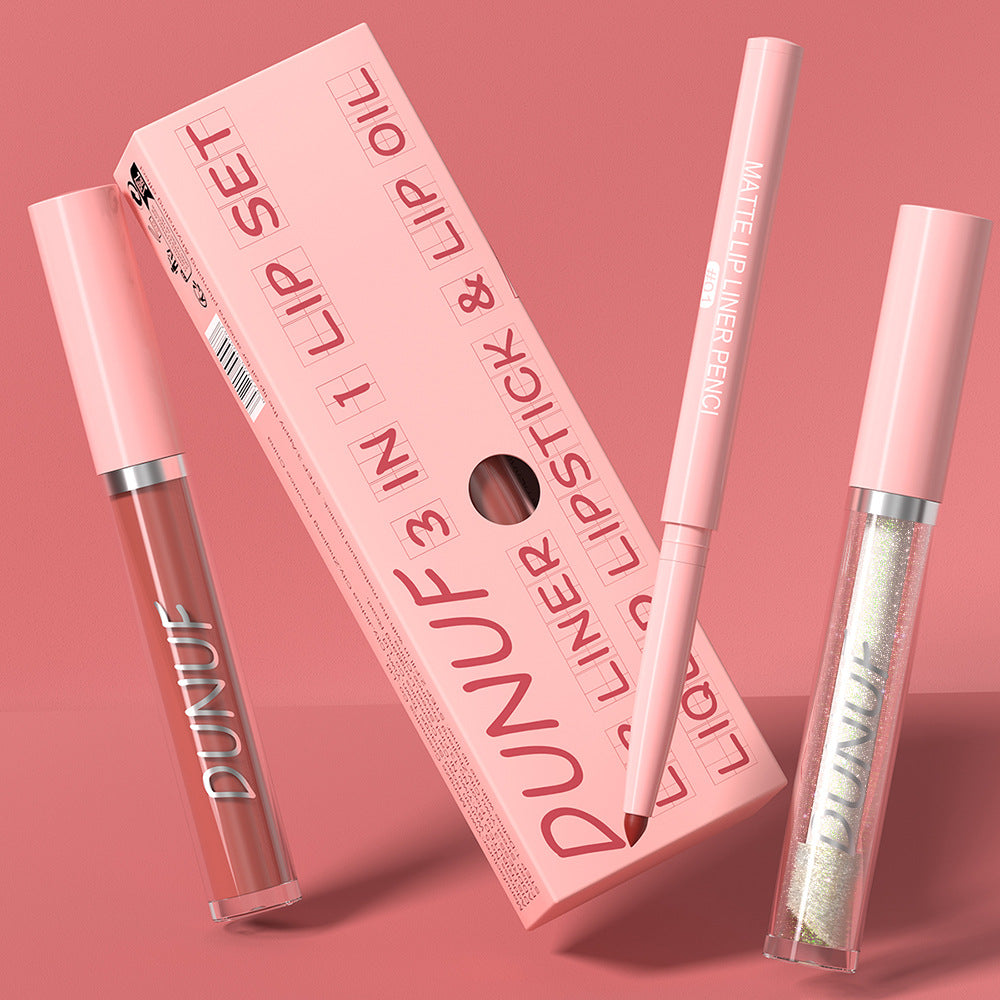 3 in 1 doe lips matte, lip liner, lip gloss, lip oil, waterproof long lasting formula, non-flaking finish, non-stick cup