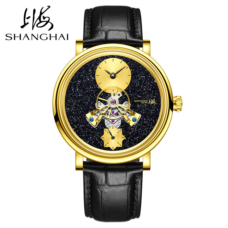 Men Mechanical Watch Shanghai Movement, Dome Mirror Sapphire Crystal, Luxury Tourbillon, Leather Strap Classic