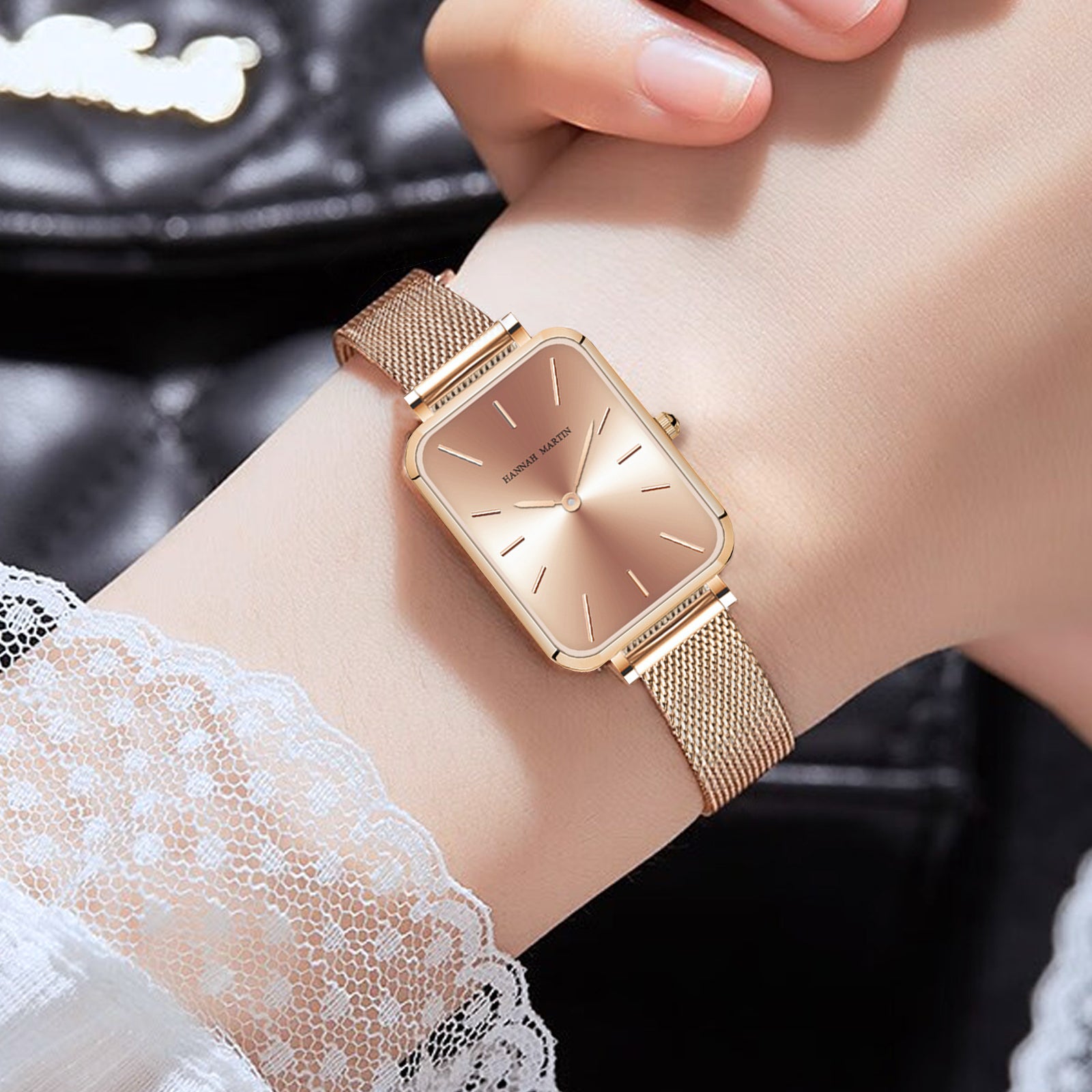 Rose Gold Square Women Mesh Strap Watch, Stainless Steel Case, Simple Fashion Japanese Movement Watch