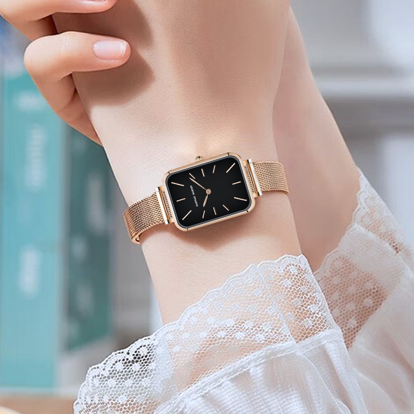 Rose Gold Square Women Mesh Strap Watch, Stainless Steel Case, Simple Fashion Japanese Movement Watch
