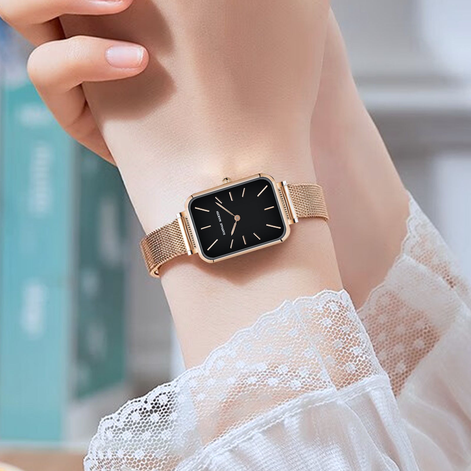 Rose Gold Square Women Mesh Strap Watch, Stainless Steel Case, Simple Fashion Japanese Movement Watch