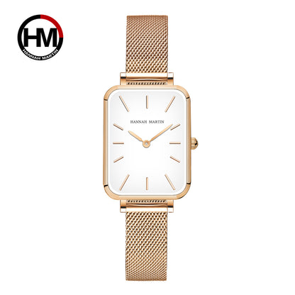 Rose Gold Square Women Mesh Strap Watch, Stainless Steel Case, Simple Fashion Japanese Movement Watch
