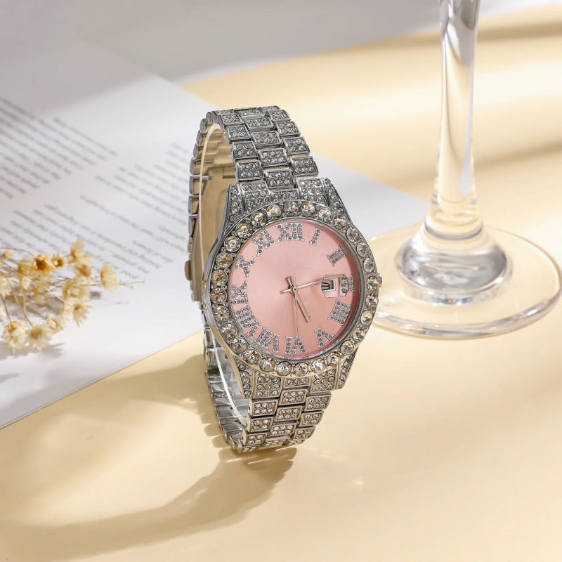 Luxury Women Watch Pink Full Diamond Studded, Iced Out Two Tone Quartz Clock, Elegant Business Waterproof Timepiece
