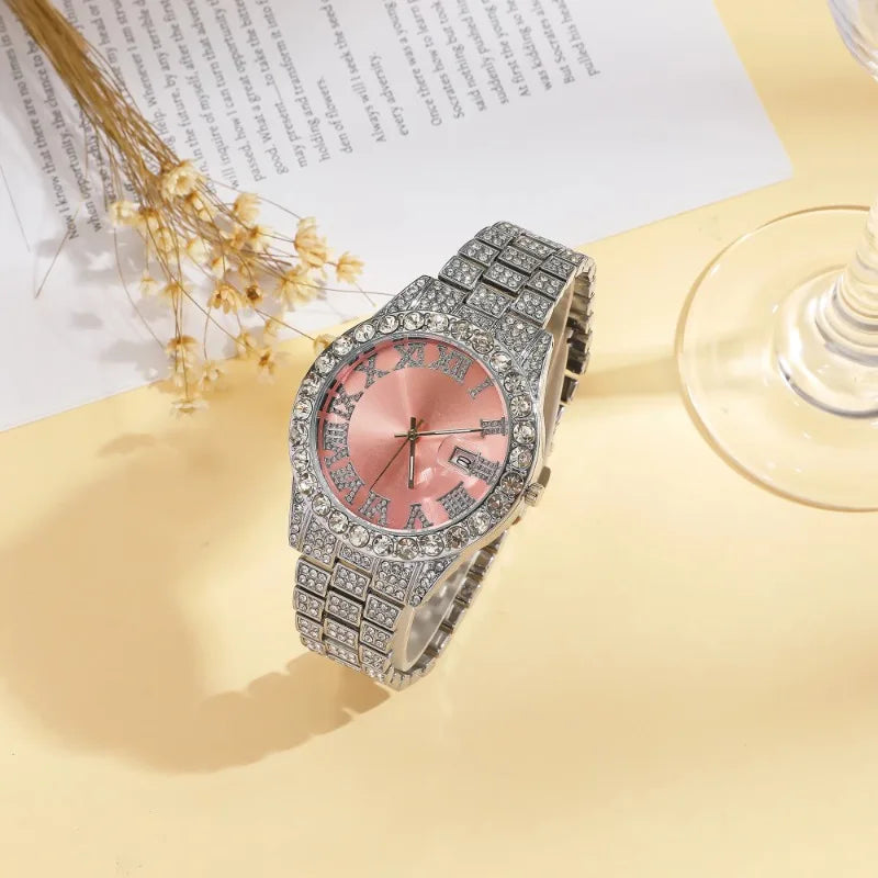 Luxury Women Watch Pink Full Diamond Studded, Iced Out Two Tone Quartz Clock, Elegant Business Waterproof Timepiece