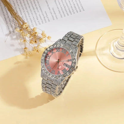 Luxury Women Watch Pink Full Diamond Studded, Iced Out Two Tone Quartz Clock, Elegant Business Waterproof Timepiece