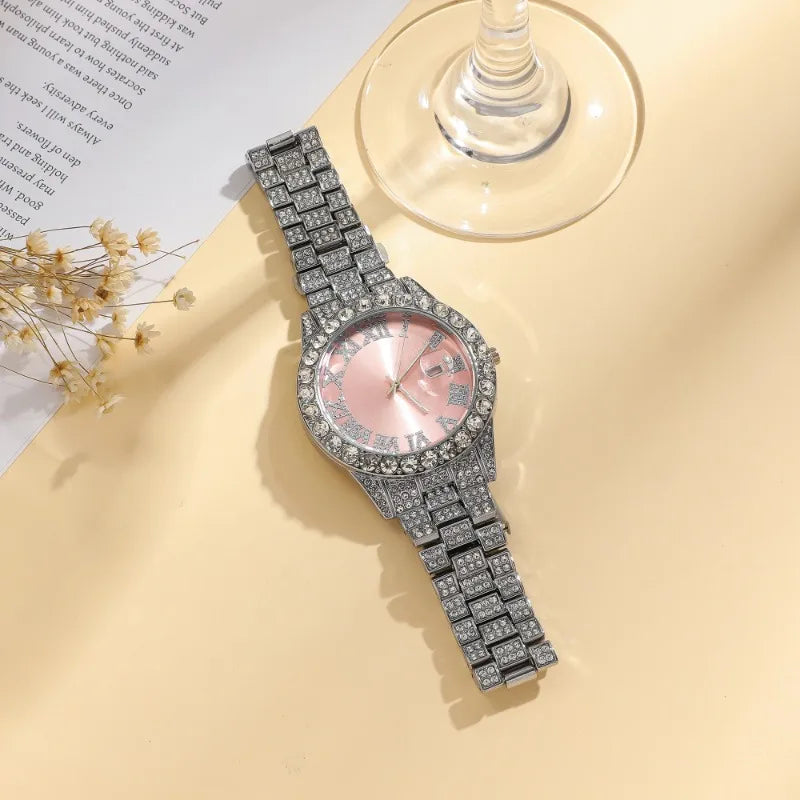 Luxury Women Watch Pink Full Diamond Studded, Iced Out Two Tone Quartz Clock, Elegant Business Waterproof Timepiece