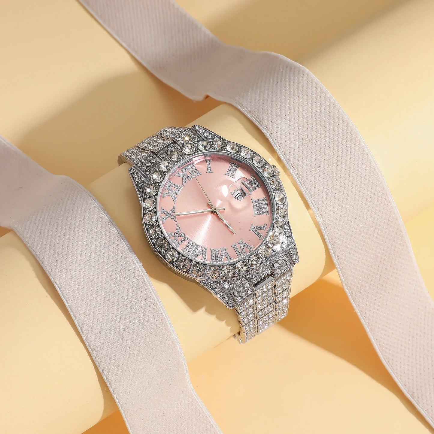 Luxury Women Watch Pink Full Diamond Studded, Iced Out Two Tone Quartz Clock, Elegant Business Waterproof Timepiece