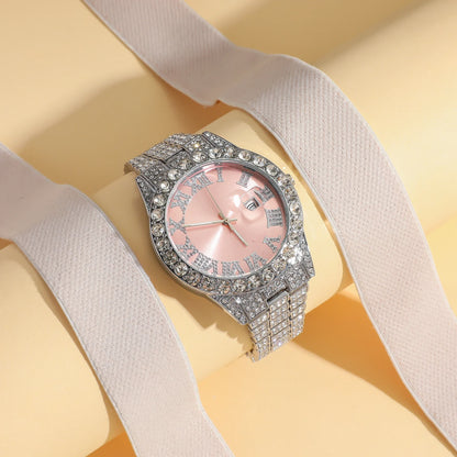 Luxury Women Watch Pink Full Diamond Studded, Iced Out Two Tone Quartz Clock, Elegant Business Waterproof Timepiece