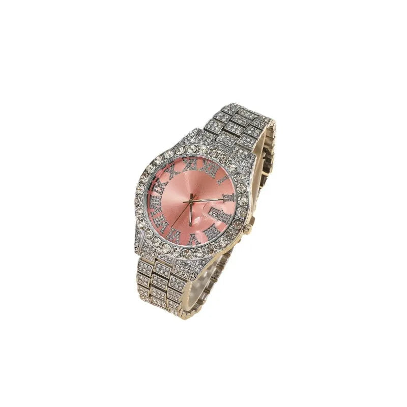 Luxury Women Watch Pink Full Diamond Studded, Iced Out Two Tone Quartz Clock, Elegant Business Waterproof Timepiece