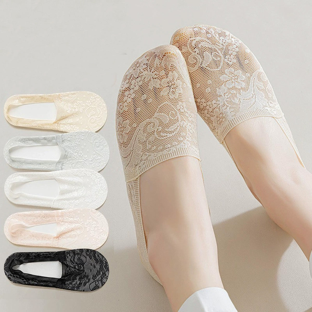 Women Summer Lace Invisible Socks, Boat Mesh Thin Low Cut Socks with Silicone Grip, Anti-Slip No Show Socks for Flats