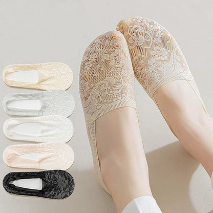 Women Summer Lace Invisible Socks, Boat Mesh Thin Low Cut Socks with Silicone Grip, Anti-Slip No Show Socks for Flats