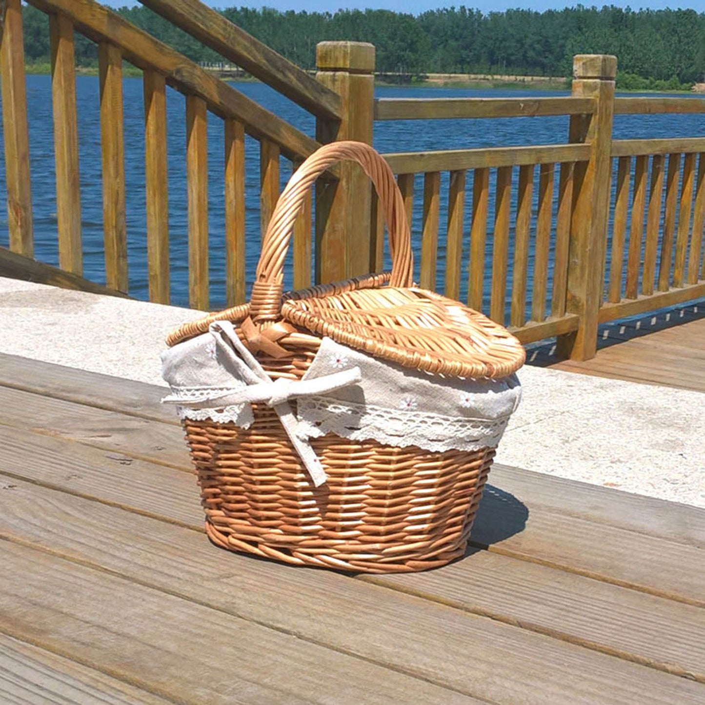 Sturdy Wicker Picnic Basket with Removable Washable Lining, Double Lid Handle Picnic Hamper for Beach, Hiking & Outdoor