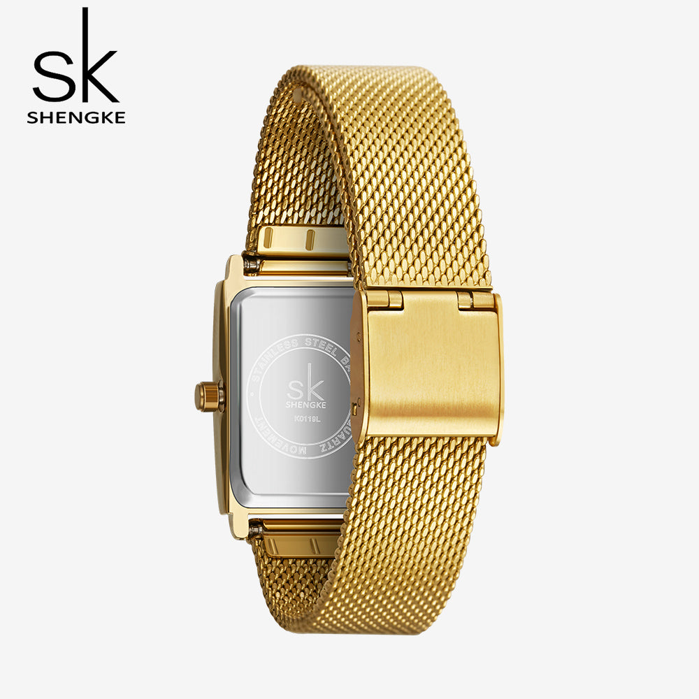 Delicate Rectangle Dial Gold Slim Watch for Women, Mesh Strap Waterproof Quartz Women's Elegant Timepiece