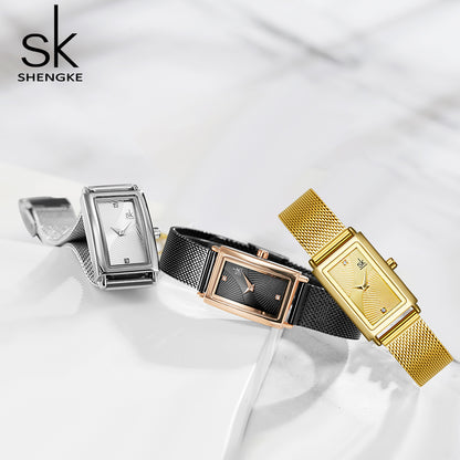 Delicate Rectangle Dial Gold Slim Watch for Women, Mesh Strap Waterproof Quartz Women's Elegant Timepiece