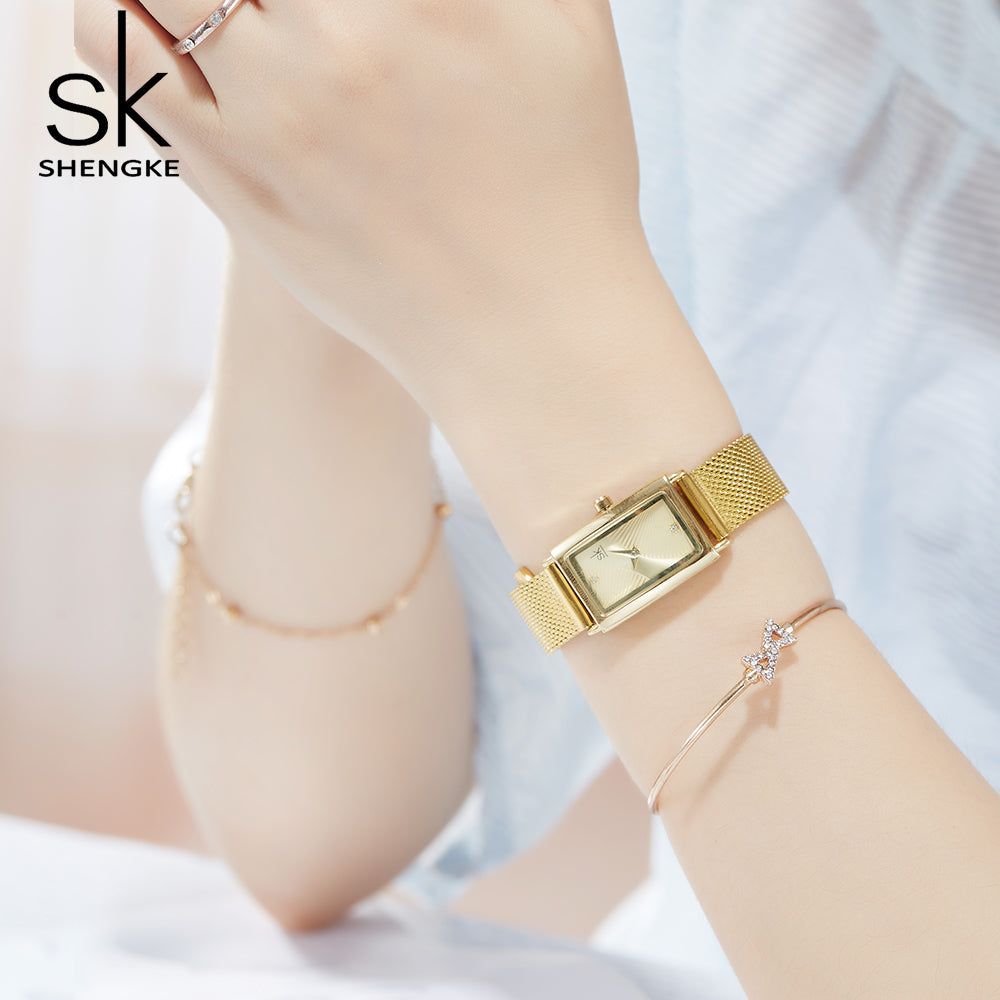 Delicate Rectangle Dial Gold Slim Watch for Women, Mesh Strap Waterproof Quartz Women's Elegant Timepiece