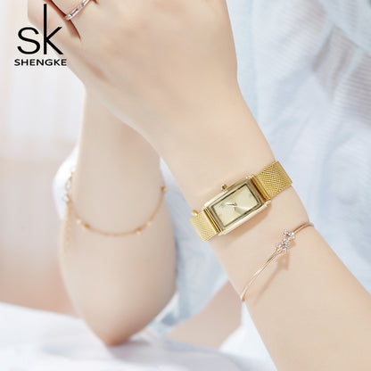 Delicate Rectangle Dial Gold Slim Watch for Women, Mesh Strap Waterproof Quartz Women's Elegant Timepiece