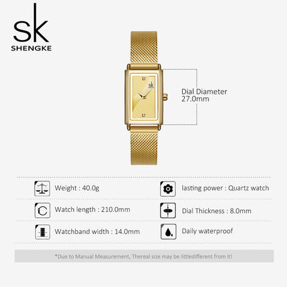 Delicate Rectangle Dial Gold Slim Watch for Women, Mesh Strap Waterproof Quartz Women's Elegant Timepiece