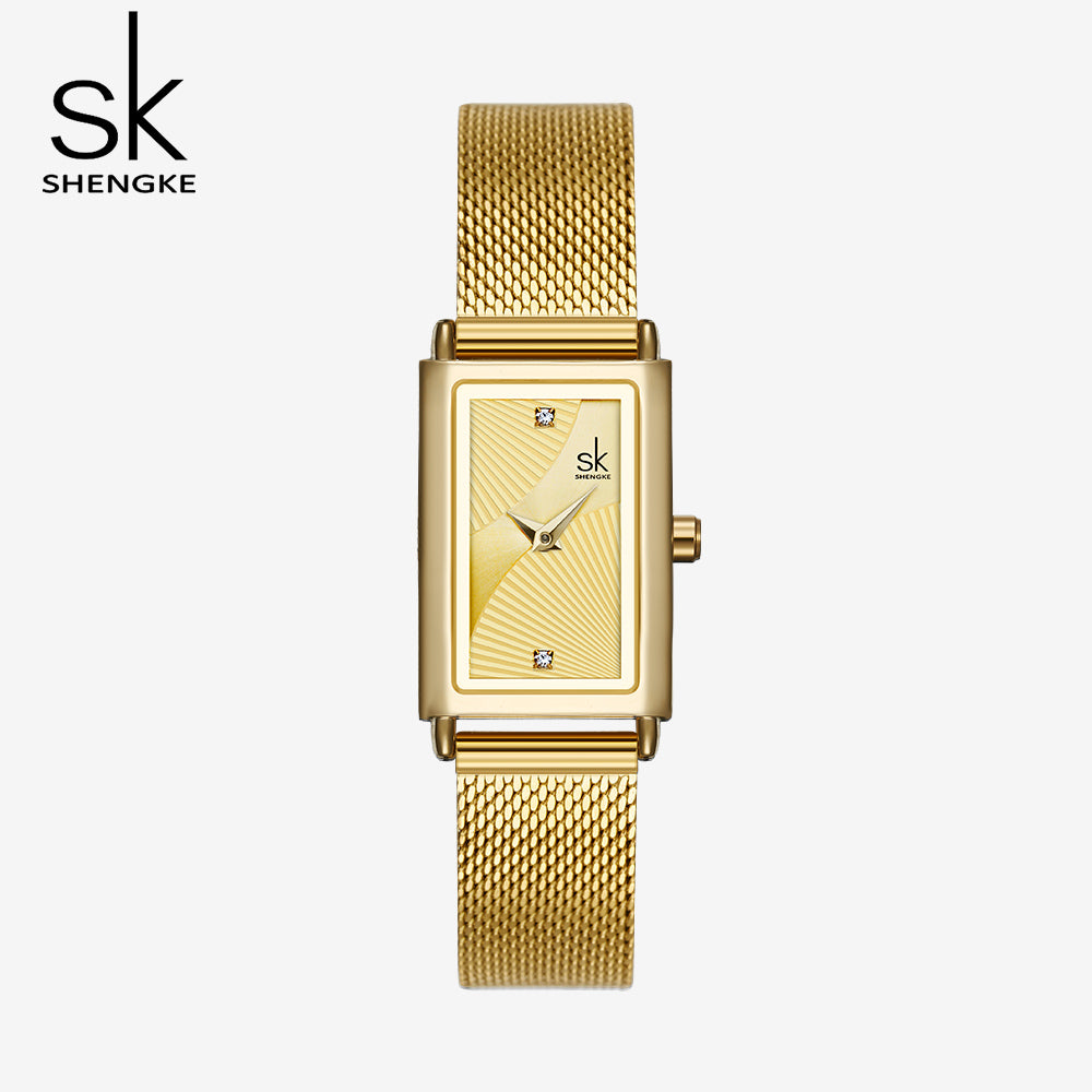 Delicate Rectangle Dial Gold Slim Watch for Women, Mesh Strap Waterproof Quartz Women's Elegant Timepiece