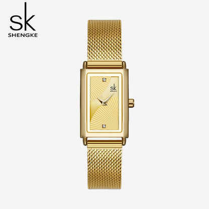 Delicate Rectangle Dial Gold Slim Watch for Women, Mesh Strap Waterproof Quartz Women's Elegant Timepiece