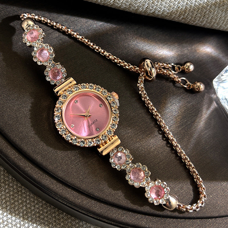 Fashion Style Quartz Watch for Women, Color Imitation Gemstone, Pullable Bracelet Girls Gift Stylish Wristwatch