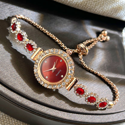 Fashion Style Quartz Watch for Women, Color Imitation Gemstone, Pullable Bracelet Girls Gift Stylish Wristwatch
