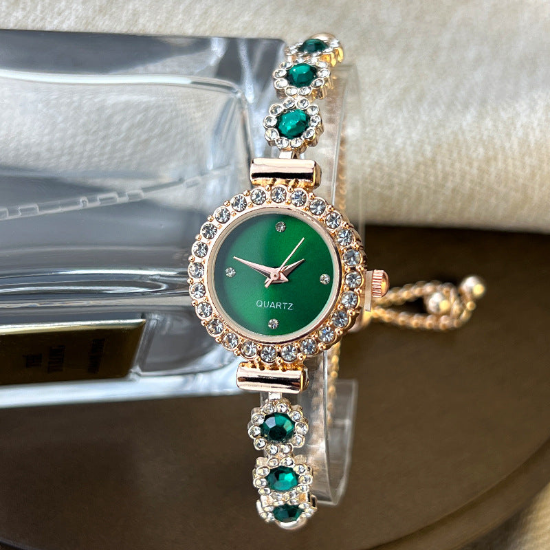 Fashion Style Quartz Watch for Women, Color Imitation Gemstone, Pullable Bracelet Girls Gift Stylish Wristwatch