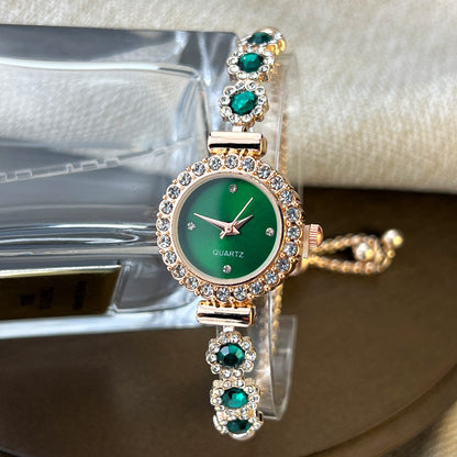 Fashion Style Quartz Watch for Women, Color Imitation Gemstone, Pullable Bracelet Girls Gift Stylish Wristwatch