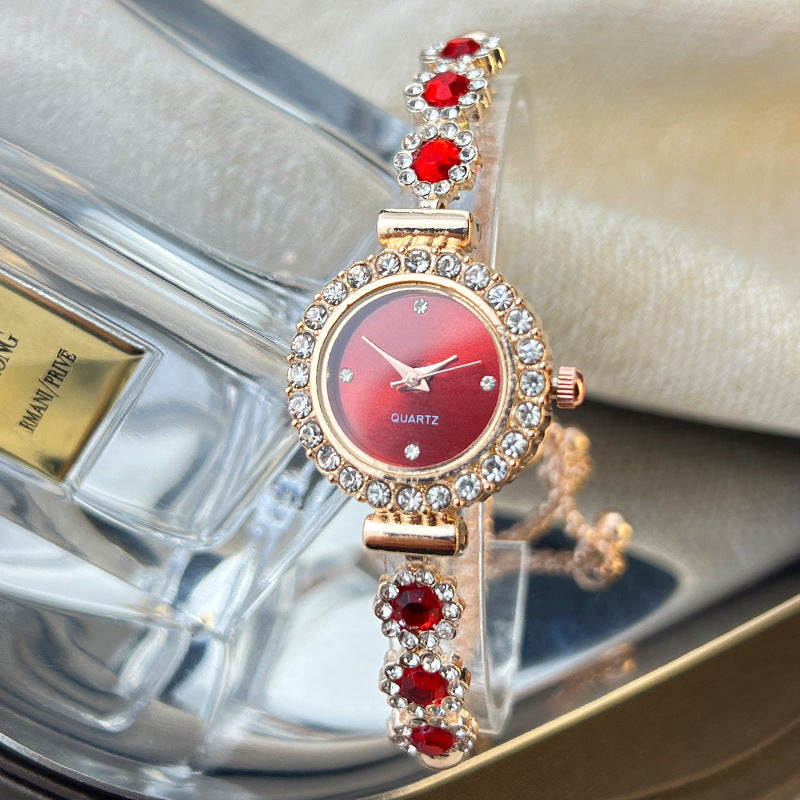 Fashion Style Quartz Watch for Women, Color Imitation Gemstone, Pullable Bracelet Girls Gift Stylish Wristwatch