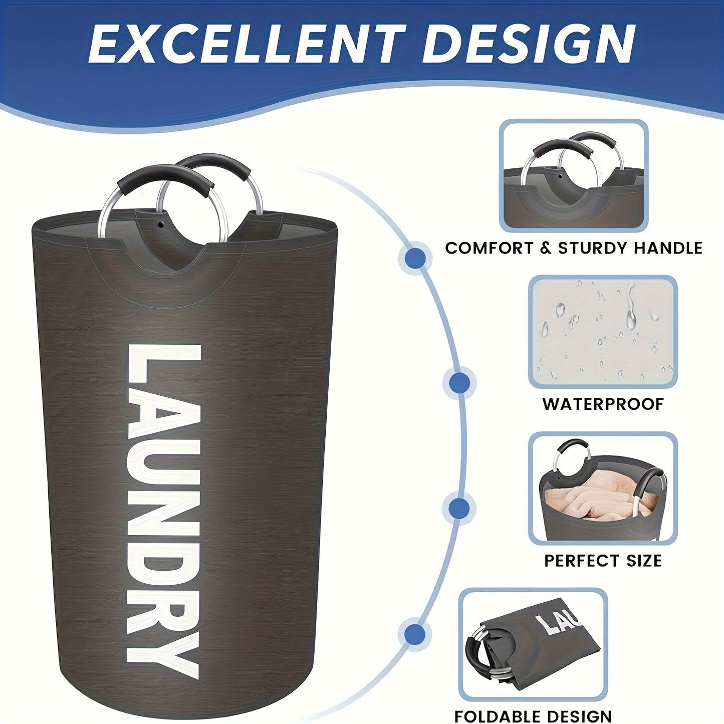 Large Waterproof Laundry Basket Foldable, Contemporary Round Polyester Blend Hamper with Aluminum Handles for Bathroom