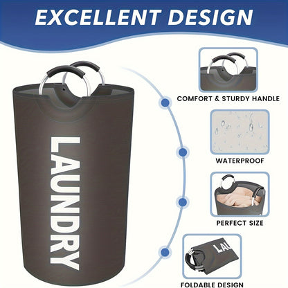 Large Waterproof Laundry Basket Foldable, Contemporary Round Polyester Blend Hamper with Aluminum Handles for Bathroom