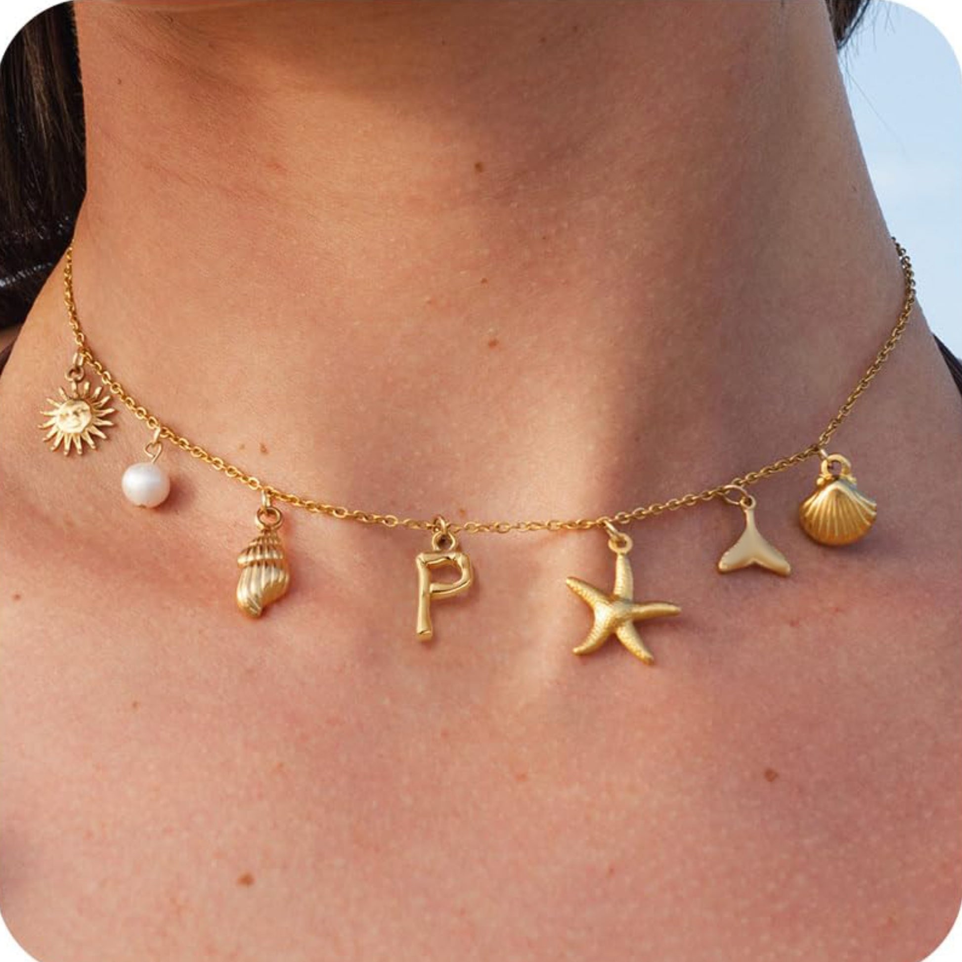 MHS.SUN Starfish Shell Initial Necklace, Waterproof 18K Gold Plated Stainless Steel Surfer Girl Charm Necklace Perfect