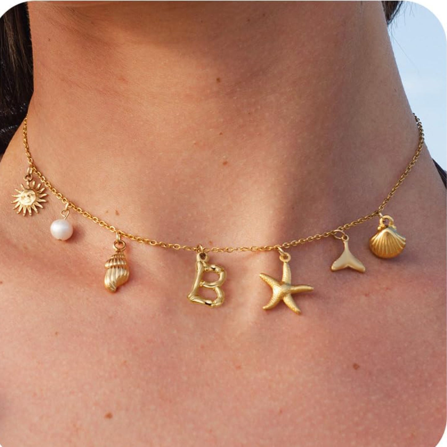 MHS.SUN Starfish Shell Initial Necklace, Waterproof 18K Gold Plated Stainless Steel Surfer Girl Charm Necklace Perfect