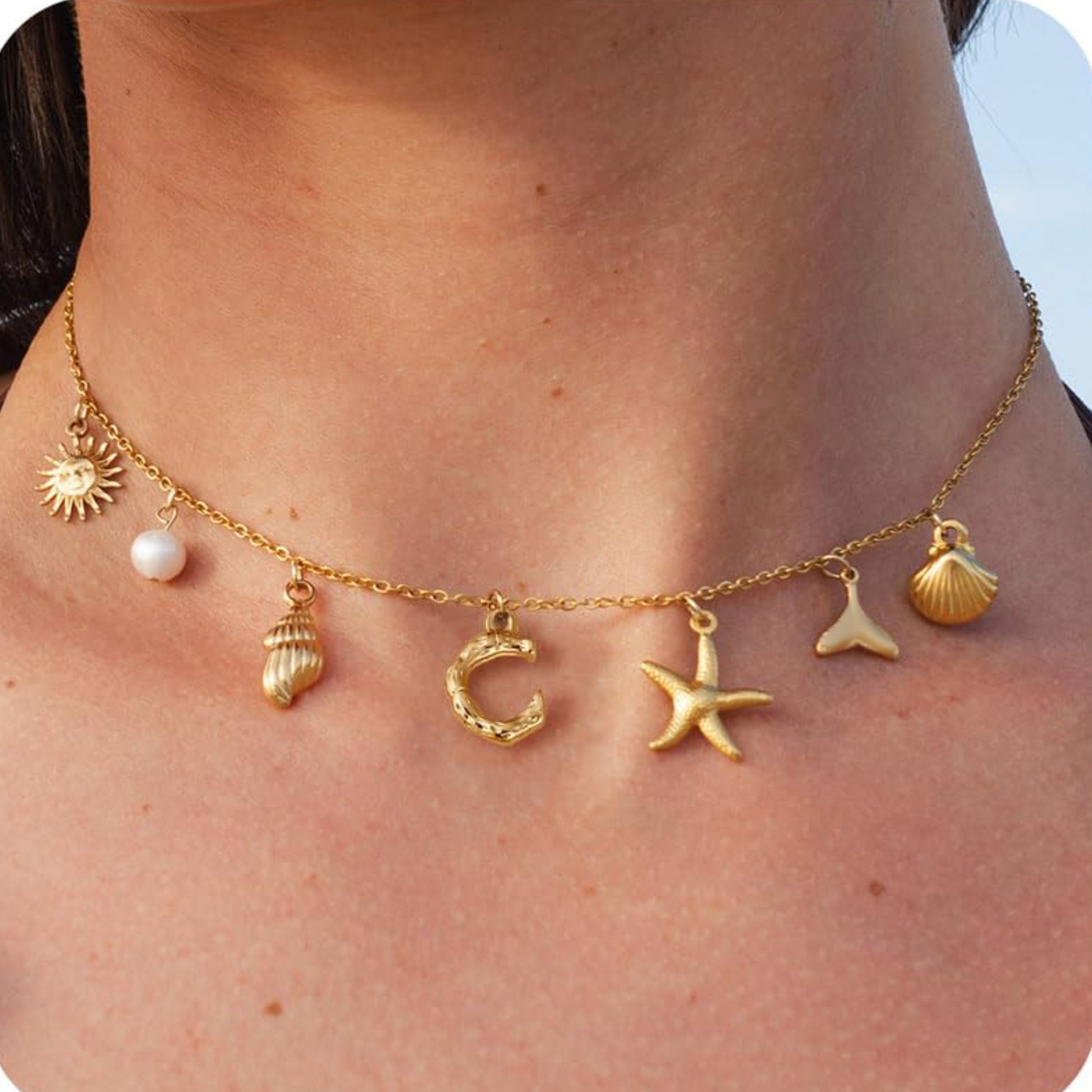 MHS.SUN Starfish Shell Initial Necklace, Waterproof 18K Gold Plated Stainless Steel Surfer Girl Charm Necklace Perfect