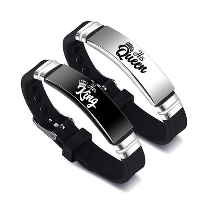 King and Queen Matching Bracelets – Stainless Steel Bangle with Adjustable Silicone Strap – Romantic Couple Gift