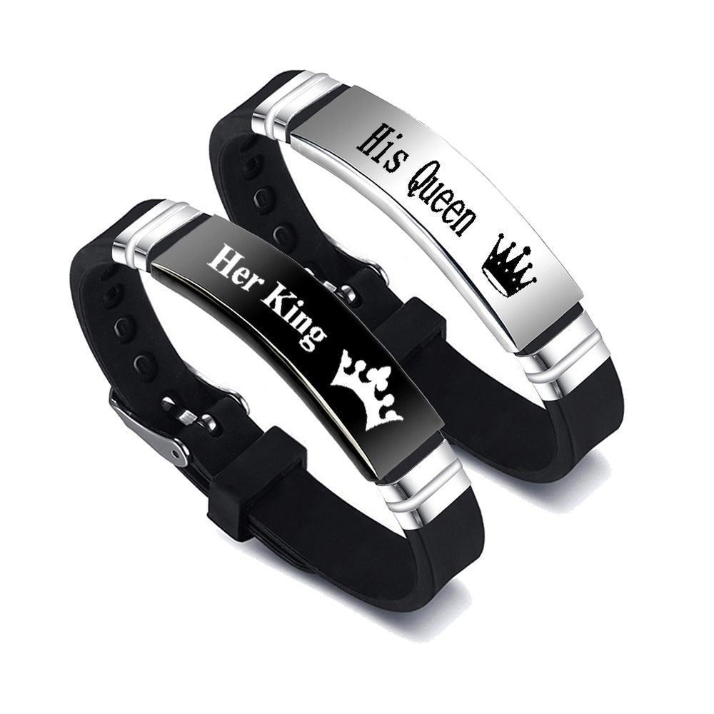 King and Queen Matching Bracelets – Stainless Steel Bangle with Adjustable Silicone Strap – Romantic Couple Gift
