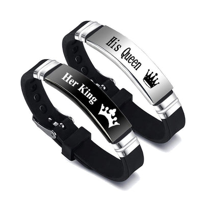 King and Queen Matching Bracelets – Stainless Steel Bangle with Adjustable Silicone Strap – Romantic Couple Gift