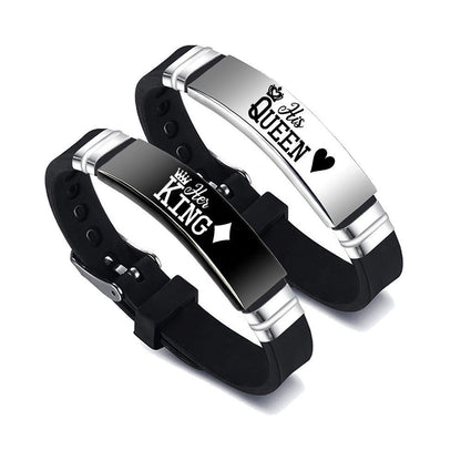 King and Queen Matching Bracelets – Stainless Steel Bangle with Adjustable Silicone Strap – Romantic Couple Gift